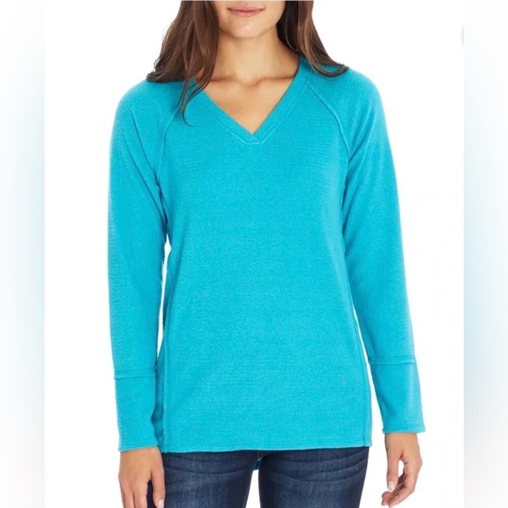 Wildfox Womens LS V-Neck Haley Brushed Waffle Raglan Teal Top, Medium, Like New